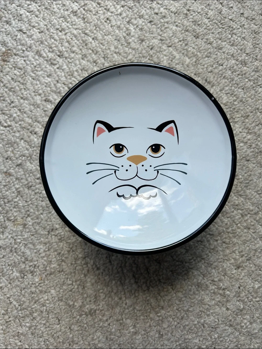 Cat Face Ceramic Pet Bowl in White with Black Rim